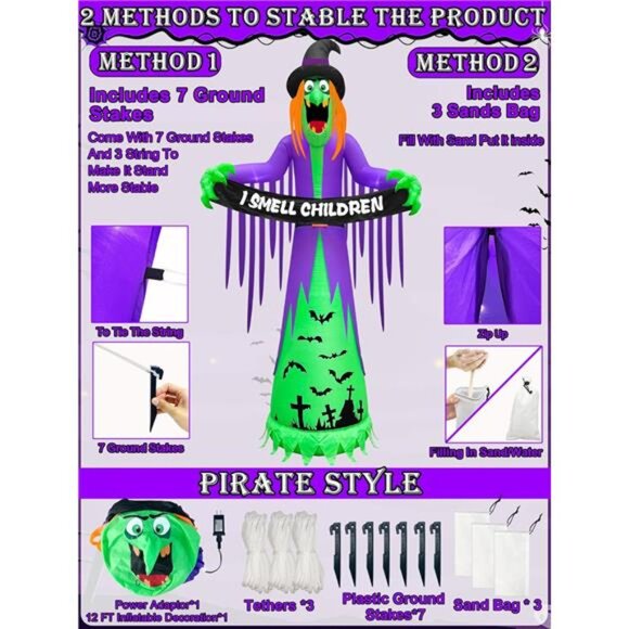 12 FT Giant Halloween Inflatables Witch Outdoor Decorations with LED - Picture 3 of 7